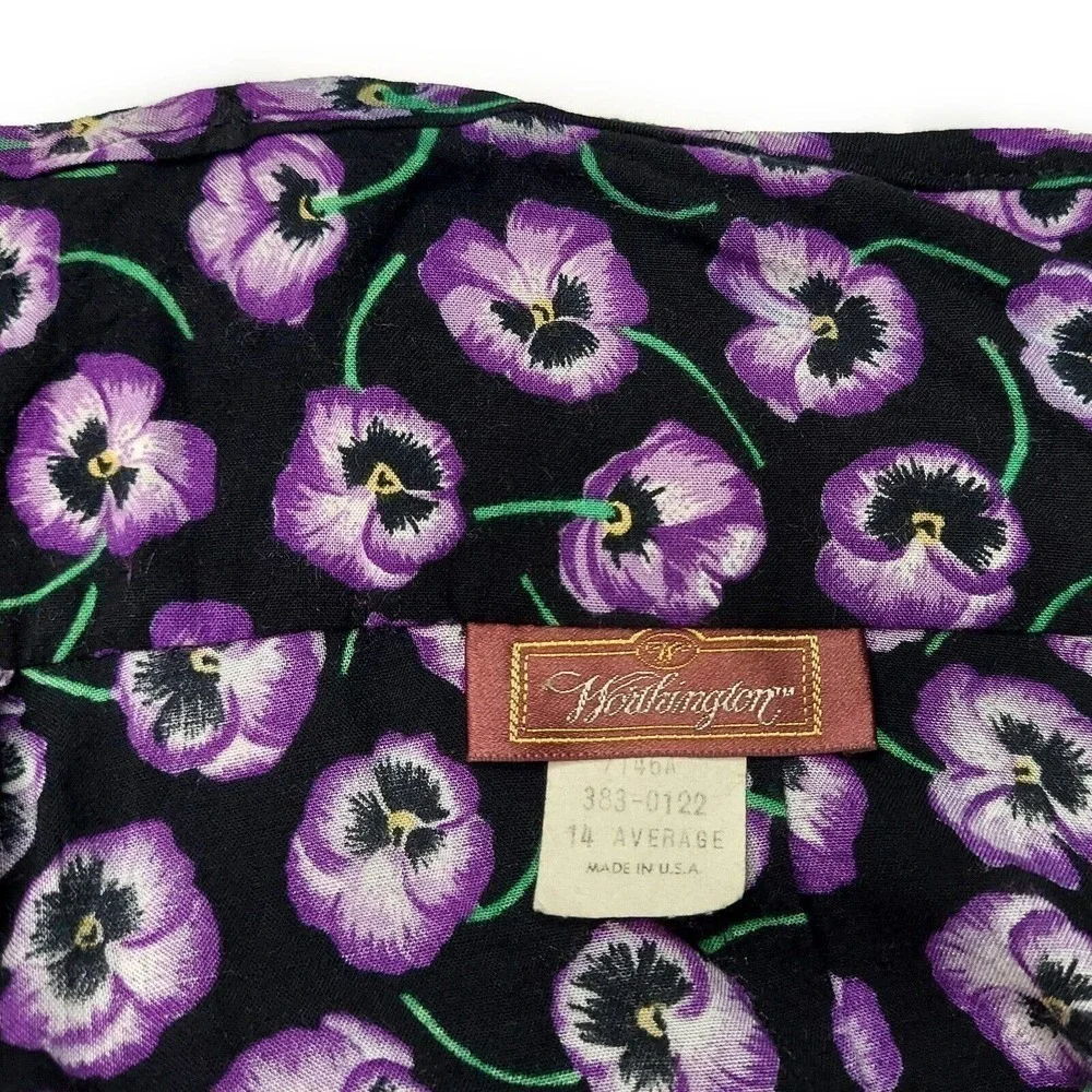 Vintage Worthington Midi Skirt 14 Black Violet Pansy Print High Waist - Hey Viv